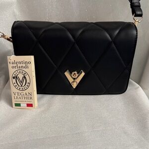 Valentino Orlandi Black Quilted Vegan Leather Crossbody with Gold Hardware